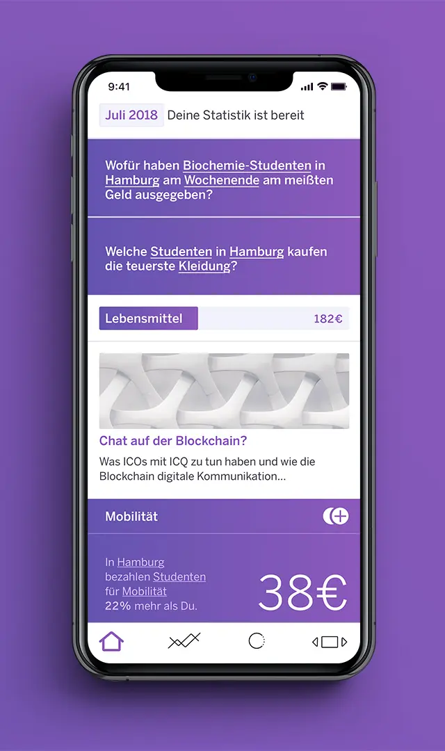 Ein Iphone X zeigt das Mock-Up der App. Teilbereich Stream.
