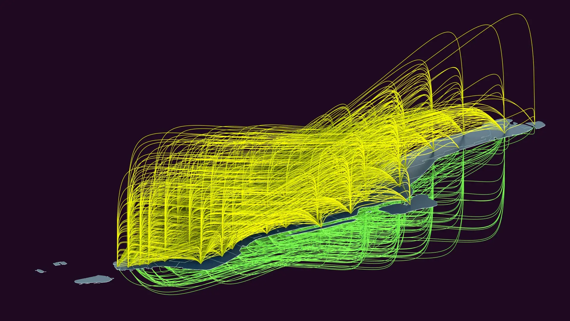 Ein Rendering der Datenlandschaft - Die Taxifahrten eines Tages Manhattan.
