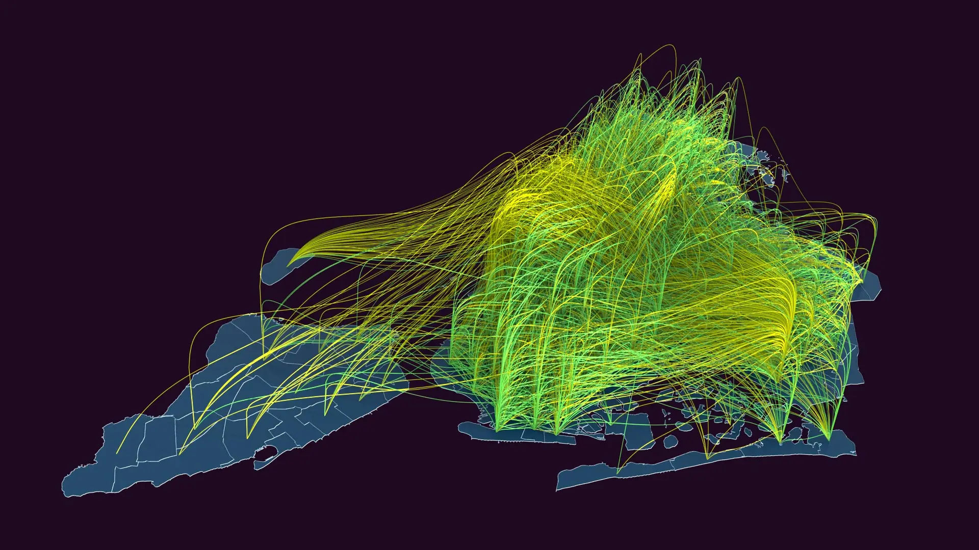 Ein Rendering der Datenlandschaft - Die Taxifahrten eines Tages von ganz New York.